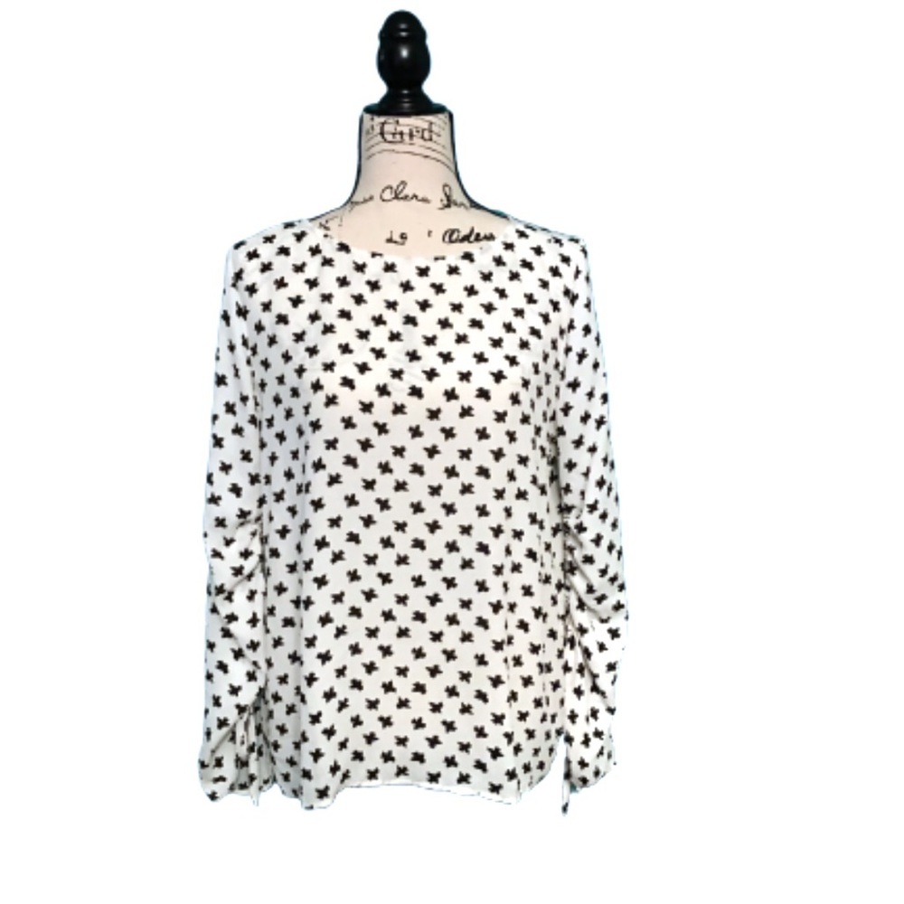 Loft white and black bird patterned blouse small